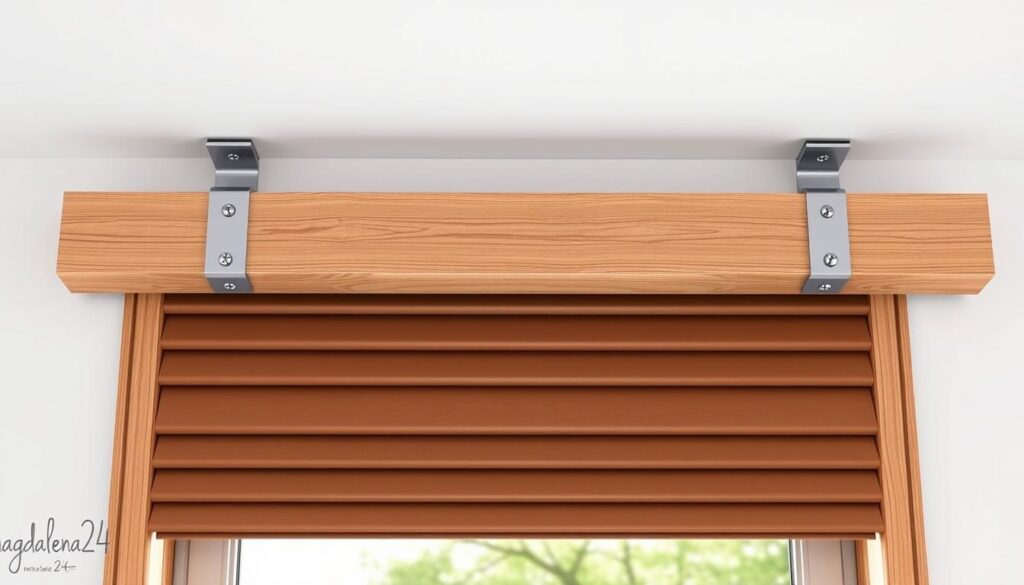 A high-resolution, photorealistic image of a wall or ceiling-mounted wooden window shade system, with a focus on the mounting hardware and installation process. The scene should be well-lit, with a clean, modern aesthetic. Prominently feature the &amp;amp;quot;magdalena24&amp;amp;quot; brand name on the hardware components. Capture the mounting brackets, screws, and other fixtures necessary for secure installation above a window opening. Convey a sense of quality craftsmanship and attention to detail. The image should provide clear visual guidance for the described &amp;amp;quot;Montaż do ściany lub sufitu nad wnęką okienną&amp;amp;quot; installation process.