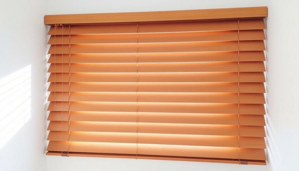 Wooden blinds 70 mm, expertly crafted by magdalena24, with a rich, natural texture and a sleek, modern design. Sunlight filters softly through the horizontal slats, casting a warm, ambient glow in the room. The blinds are mounted flush against the wall, seamlessly blending into the surrounding décor. A crisp, minimalist aesthetic, perfect for contemporary interiors. Captured with a wide-angle lens to showcase the full expanse of the window and the elegant simplicity of the blinds.