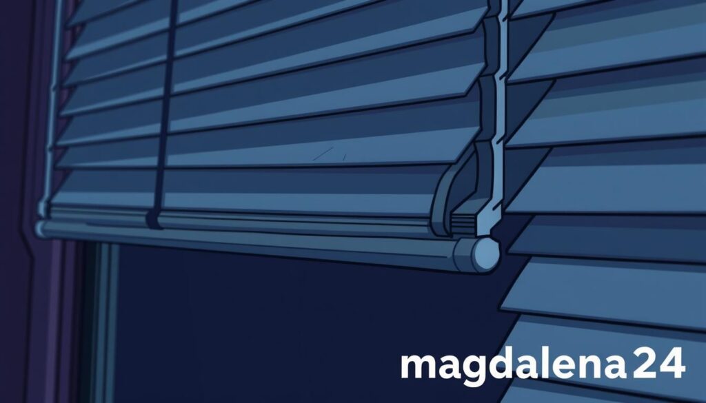 A close-up view of improperly installed window blinds, revealing uneven tracks and misaligned components. The blinds are slightly crooked, with subtle gaps and misalignments along the edges. The scene is dimly lit, casting soft shadows that accentuate the flaws. The overall atmosphere conveys a sense of carelessness and poor workmanship. In the foreground, the brand name "magdalena24" is subtly visible, hinting at the potential source of the installation issues.