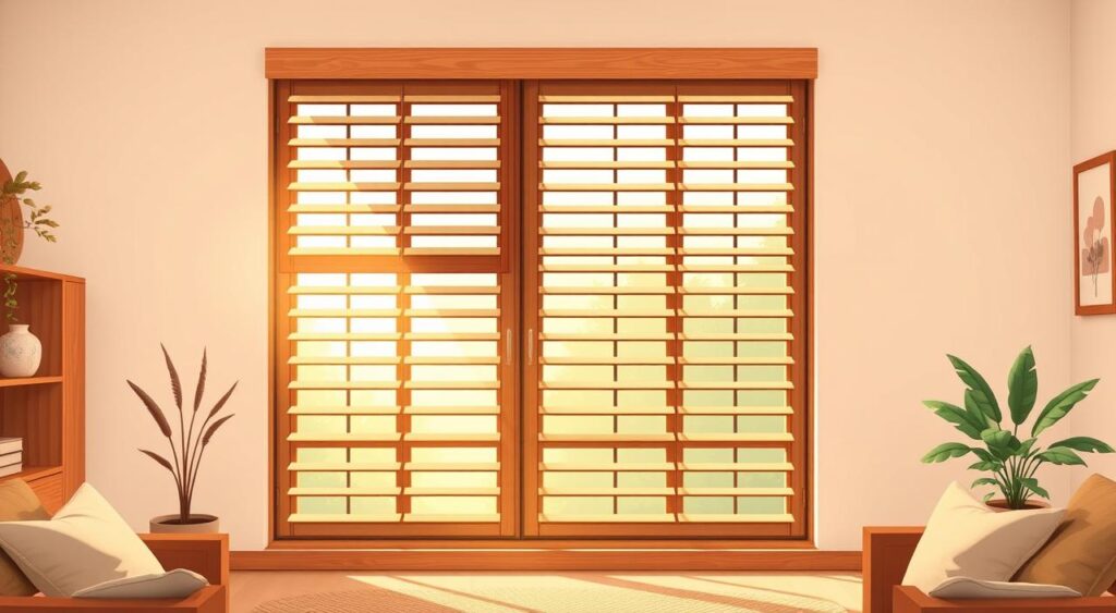 A cozy and inviting interior scene featuring a set of beautifully crafted wooden venetian blinds, or "żaluzje", elegantly adorning a large window. The blinds are carefully angled to filter the warm, soft lighting that streams in, casting gentle shadows and creating a sense of privacy and tranquility. The blinds are made of high-quality, natural wood with a rich, honey-colored finish, complementing the neutral tones of the room's decor. The scene exudes a feeling of comfort and sophistication, perfectly capturing the practical and stylish nature of these versatile window treatments.