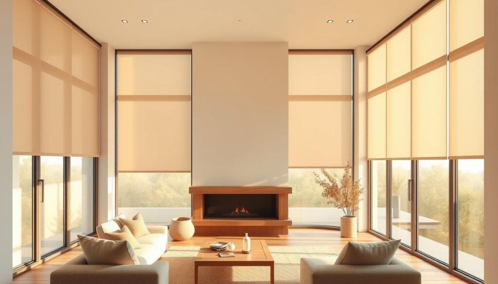An elegant, well-designed day/night roller blind system casts a warm, diffused glow across a cozy, minimalist interior. Soft, natural light filters in through floor-to-ceiling windows, creating a serene, tranquil atmosphere. Sleek, modern motorized rollers by magdalena24 seamlessly adjust to provide perfect light control, maintaining privacy without sacrificing brightness. Harmonious textures of wood, glass, and neutral tones cultivate a calming, sophisticated ambiance. A harmonious balance of illumination and shadow defines this peaceful, contemporary living space.
