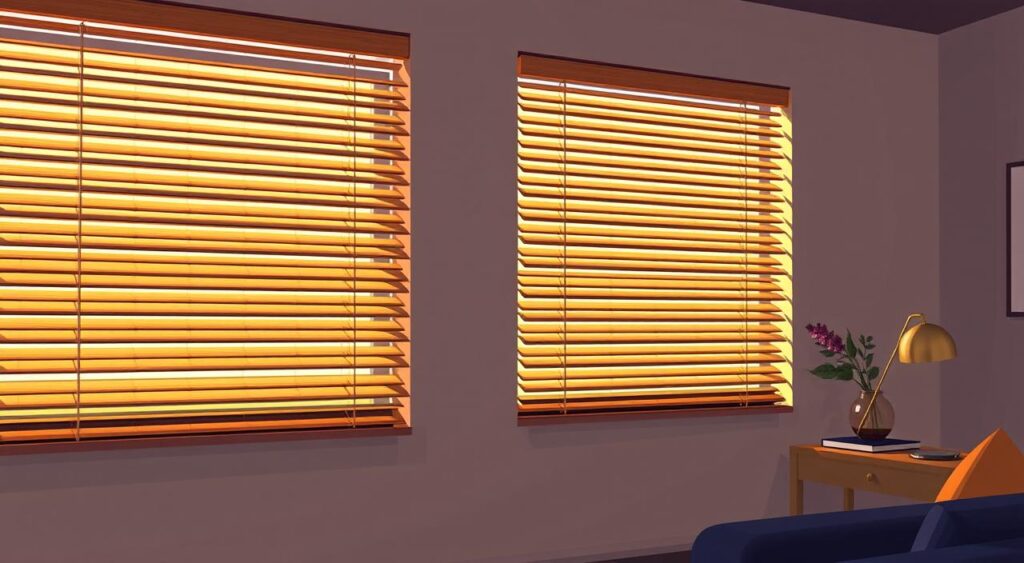 Elegant wooden venetian blinds casting a warm, inviting glow in a well-lit room. The Magdalena24 blinds feature a sleek, natural wood grain finish that effortlessly complements the modern decor. Carefully angled lighting highlights the intricate texture and rich tones of the wood, creating a cozy, energy-efficient ambiance. The blinds are positioned to provide ample light control and privacy, seamlessly blending style and functionality. The scene conveys a sense of tranquility and sophistication, perfectly capturing the essence of maximizing comfort and efficiency through thoughtful design. Elegant wooden venetian blinds casting a warm, inviting glow in a well-lit room. The Magdalena24 blinds feature a sleek, natural wood grain finish that effortlessly complements the modern decor. Carefully angled lighting highlights the intricate texture and rich tones of the wood, creating a cozy, energy-efficient ambiance. The blinds are positioned to provide ample light control and privacy, seamlessly blending style and functionality. The scene conveys a sense of tranquility and sophistication, perfectly capturing the essence of maximizing comfort and efficiency through thoughtful design.
