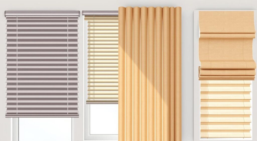 High-quality interior blinds in a well-lit room. Three distinct types of window blinds are showcased: horizontal, vertical, and Roman shades. The horizontal blinds are sleek metal slats in a neutral tone, neatly arranged to cover the window. Vertical blinds in a soft, textured fabric cascade gracefully down the sides of the window frame. In the foreground, classic Roman shades in a warm beige material are partially drawn, casting gentle shadows and adding depth to the scene. Natural daylight filters in through the partially opened window, illuminating the various blind textures and creating a serene, inviting ambiance. The overall composition highlights the versatility and aesthetic appeal of these common interior window treatments.