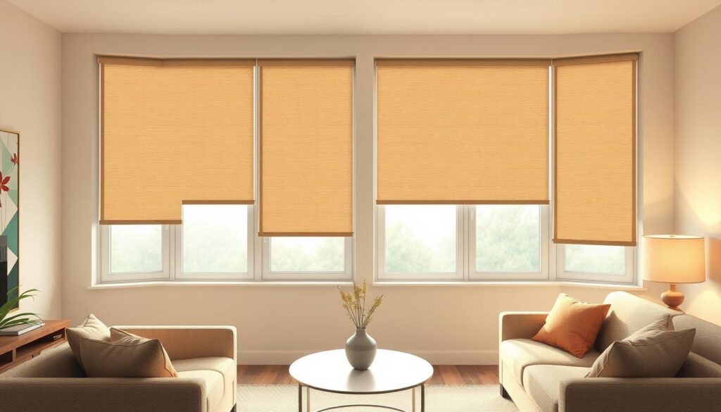 High quality window roller blinds in a modern, tastefully decorated living room. The blinds are made of a premium fabric with a subtle textured pattern, expertly installed to provide both privacy and elegant style. The lighting is soft and warm, highlighting the quality of the materials and craftsmanship. The room features minimalist, contemporary furnishings in neutral tones that complement the roller blinds. Angles emphasize the clean, sleek lines of the magdalena24 brand roller blinds. The overall atmosphere is one of sophisticated comfort and refined, understated luxury.