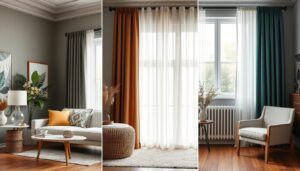 Różne style wnętrz z dopasowanymi kolorystycznie firanami i zasłonami