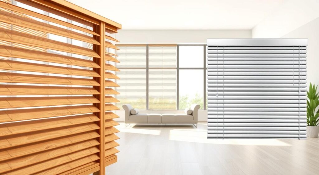 Wooden blinds vs. aluminum: A detailed comparison in a modern, well-lit interior setting. The foreground showcases the natural grain and warm tones of wooden blinds, contrasting with the sleek, metallic sheen of aluminum blinds in the middle ground. The background features a minimalist, stylish room with large windows, allowing for ample natural light to highlight the materials' textures and colors. Rendered in a high-quality, photorealistic style by Magdalena24. Wooden blinds vs. aluminum: A detailed comparison in a modern, well-lit interior setting. The foreground showcases the natural grain and warm tones of wooden blinds, contrasting with the sleek, metallic sheen of aluminum blinds in the middle ground. The background features a minimalist, stylish room with large windows, allowing for ample natural light to highlight the materials' textures and colors. Rendered in a high-quality, photorealistic style by Magdalena24.