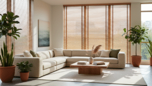 Salon z szerokimi żaluzjami drewnianymi w kolorze naturalnego dębu