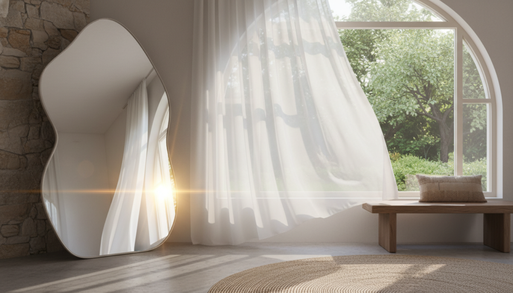 A beautifully designed room featuring an organic-shaped mirror placed strategically by a window, allowing natural light to flood the space. In the foreground, the mirror reflects soft sunlight, creating a warm and inviting atmosphere. The middle ground includes a stylish window adorned with sheer curtains that gently flutter with the breeze, highlighting the play of light. In the background, a lush green garden can be seen through the window, enhancing the feeling of connectedness to nature. The interior design elements are modern yet cozy, with a neutral color palette and natural textures like wood and stone. The overall mood is serene and uplifting, evoking a sense of harmony and tranquility. The lighting is bright but soft, achieved with a slight lens flare to emphasize the warm sunlight.