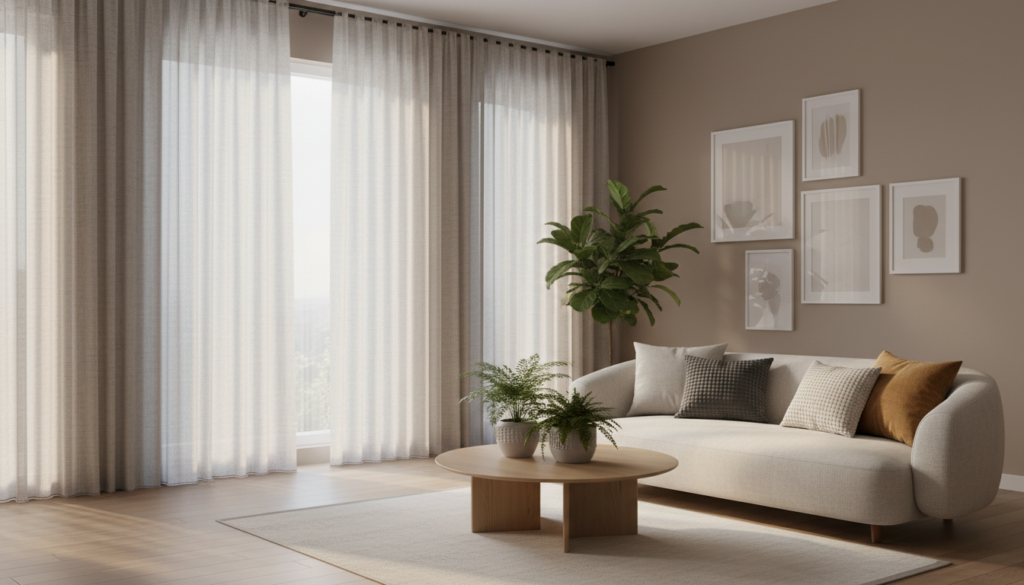 A stylish living room featuring modern curtains for 2026, showcasing soft textures and natural light filtering through the fabric. In the foreground, elegantly draped curtains in muted colors, such as soft beige and light grey, cascade beside a large window. The middle layer includes a cozy sofa adorned with plush cushions and a small coffee table with indoor plants, contributing to a serene ambiance. In the background, the wall is adorned with artwork, and light streams in, creating a warm and inviting atmosphere. The scene is illuminated with soft, natural lighting to enhance the mood of tranquility and thoughtful calmness. Use a wide-angle lens to capture the spaciousness and harmonious composition of the room.