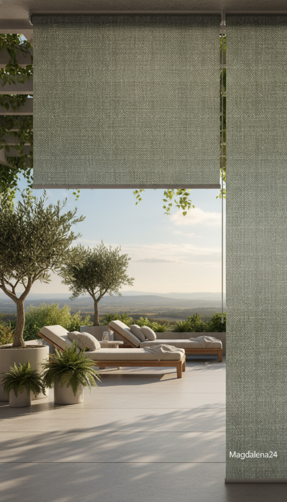 A beautifully crafted, custom-sized thermal insulating roller blind installed on a modern terrace. In the foreground, the elegant blind is partially drawn, showcasing its rich texture and colors that complement the surrounding décor. The middle layer features a sleek, minimalist terrace setting with stylish outdoor furniture, plants, and natural light filtering through the leaves of nearby trees. The background reveals a serene landscape with a bright blue sky and soft clouds, conveying a sense of tranquility. The lighting is warm and inviting, highlighting the energy-efficient design of the roller blind. Emphasize the brand name "Magdalena24" subtly on the blind, enhancing its appeal while maintaining a professional aesthetic. The overall mood is peaceful, eco-friendly, and luxurious, ideal for showcasing the benefits of thermal insulating roller blinds.