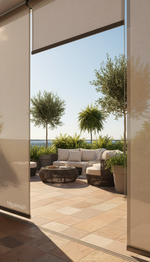 A beautifully designed terrace featuring tailor-made roller blinds from Magdalena24, showcasing functionality and comfort in a stylish outdoor setting. In the foreground, the intricate texture of the blinds is highlighted, allowing natural sunlight to filter through, creating soft shadows on the terrace floor. The middle of the image reveals a modern wicker lounge set with plush cushions, inviting relaxation, while a small coffee table complements the decor. In the background, lush green plants and a clear blue sky enhance the tranquil atmosphere. Natural warm lighting bathes the scene in a cozy glow, with a wide-angle view that captures the seamless integration of the blinds into the terrace space, emphasizing their practicality and aesthetic appeal.